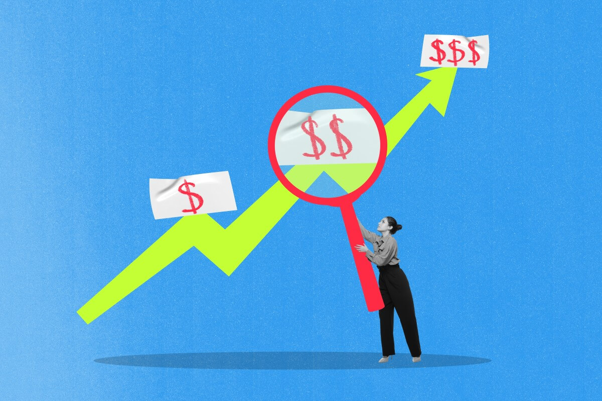 Ilustracija: dekle s povečevalnim steklom proučuje vrednosti na rumenem grafikonu