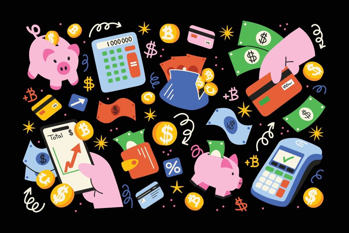 Ilustracija: različne bančne storitve, plačila in finančne situacije (ikone na črni podlagi)