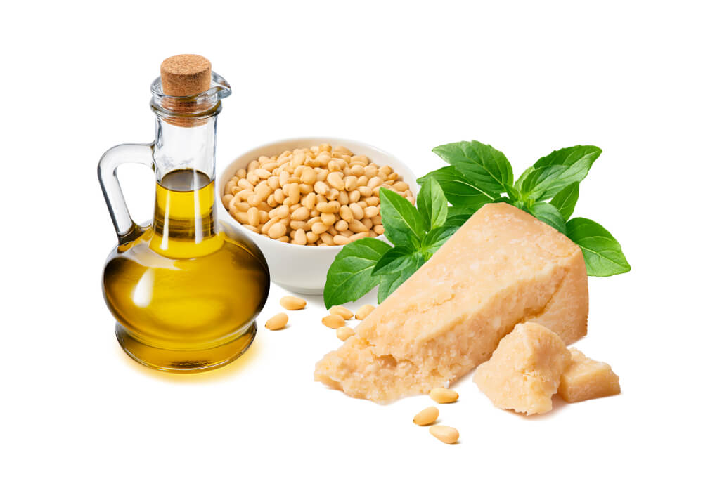 Sestavine pesta: oljčno olje, bazilika, parmezan, pinjole