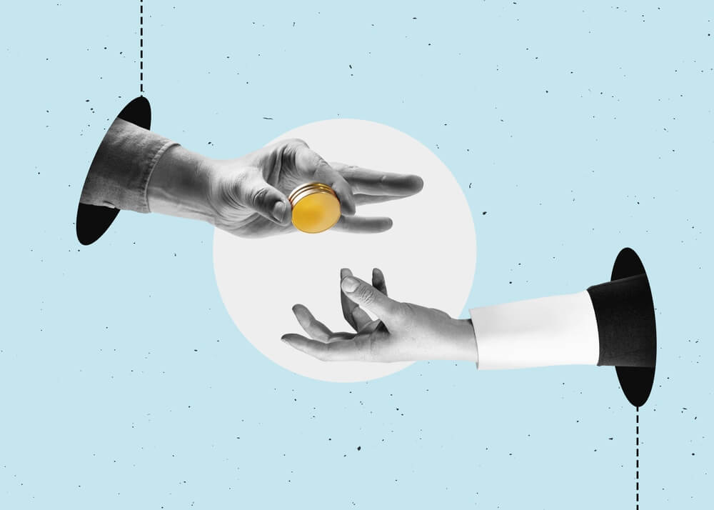 Ilustracija: roka, ki daje in roka, ki prejema denar